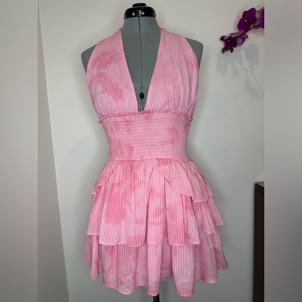 Loveshack fancy Deanna Cotton Pink  han dye Striped Halter Dress